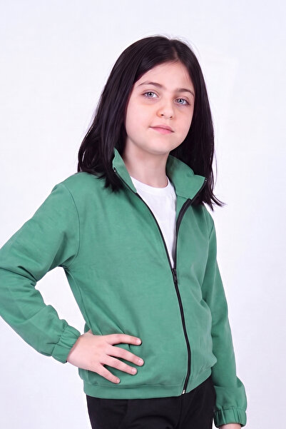 YA KO KİDS Girl's Stand Collar Zippered Basic Sweatshirt