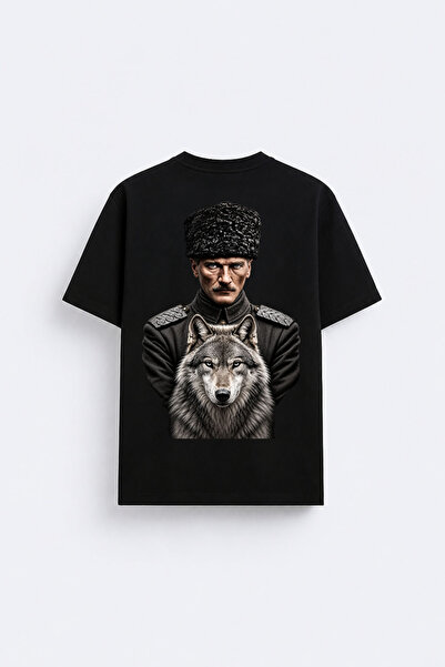 cesita Mustafa Kemal Atatürk Wolf Printed Crew Neck Black T-Shirt T-Shirt