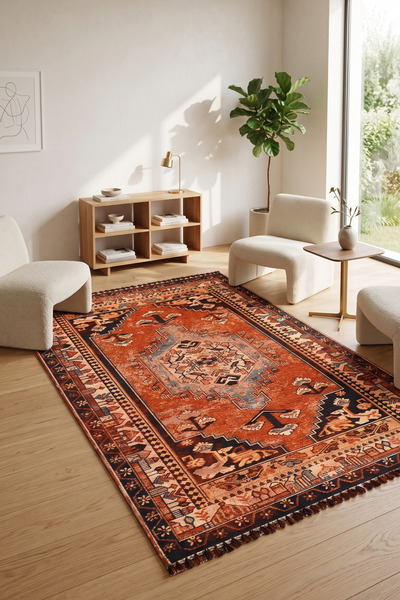 dekozer Karsu Retro Etnik Desenli Kırmızı Kilim & Halı – Salon ve Mutfak İçin...