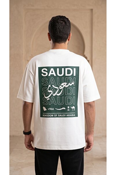 ZAVIXO Oversize Saudi Printed T-Shirt Crew Neck Short Sleeve Relaxed Fit Stre...