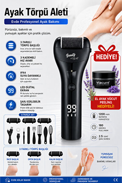 Beauty Vogue Şarjlı Elektrikli Ayak Törpüsü LED Ekranlı Topuk Nasır Temizleme...