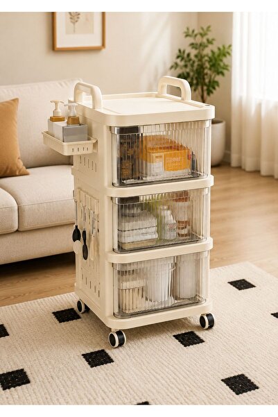 TSUMAB 3-Tier Multipurpose Rolling Storage Cabinet with Transparent Doors, Wh...