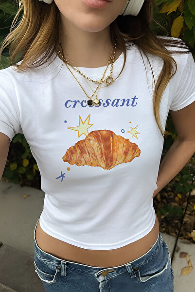designedfy Women's Croissant Printed Cotton Crop Top White
