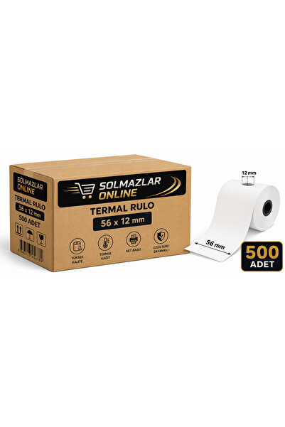 Solmazlar Online 56x12 Termal Rulo Kağıt – 500 Adet Koli – Yazar Kasa, POS ve...