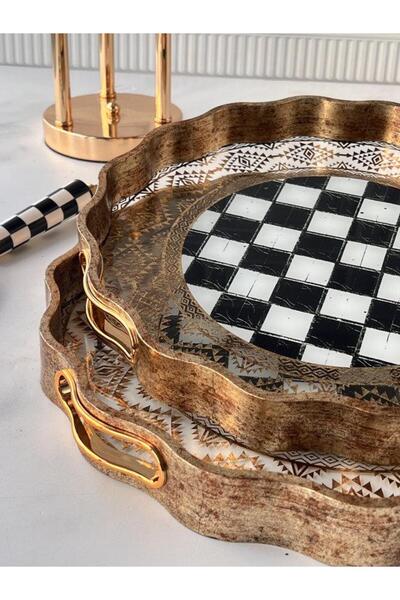 ROSSEV Antique Wood Look Glass Tray with 2 Checkerboard Patterns