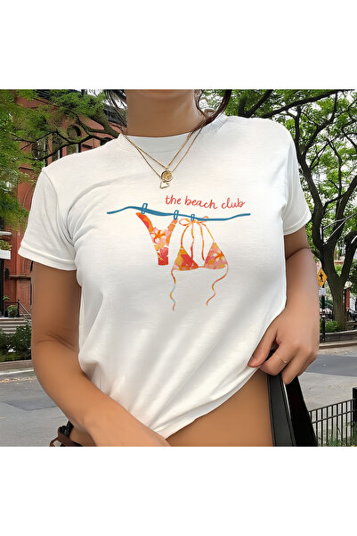 designedfy Kadın Beach Baskılı Pamuklu Likralı Crop Beyaz