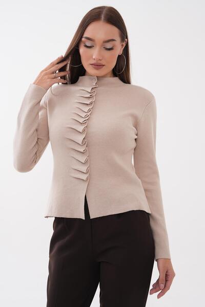 ŞİMAL Women's Stand Collar Front Ruffle Detailed Button Closure Knitwear Card...