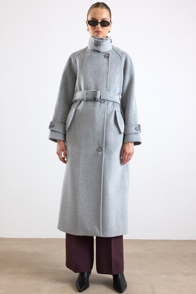 Olcay Dik Yaka Pat Detaylı Oversize Kaban AÇIK GRİ 3177