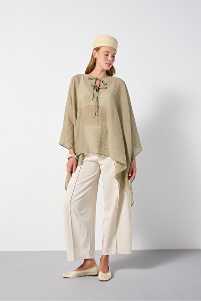 minaaise Women's Çağla Premium Fabric Poncho with Tie Detail at the Collar 31170