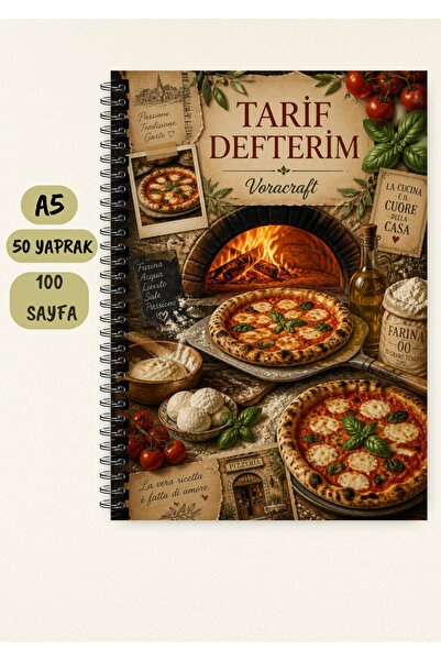 VORACRAFT Yemek Tarif Defteri, Pizza Temalı 50 Yaprak /100 Sayfa, A5 / Tel Sp...
