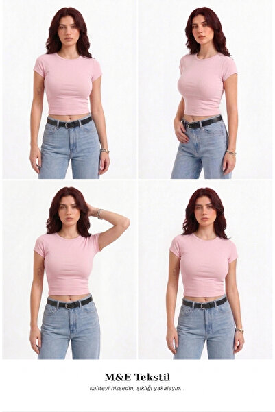 Kadın Pembe Bisiklet Yaka Pamuklu Likralı Kısa Kol Body Crop Bluz