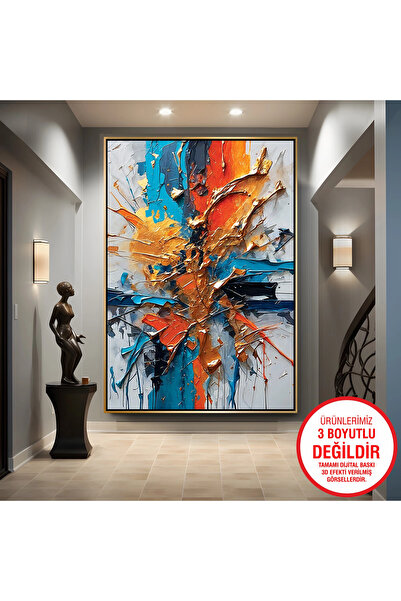 EMYA HOME Gold Metal Çerçeveli Kabartma Görünümlü Soyut Desen Kanvas Tablo