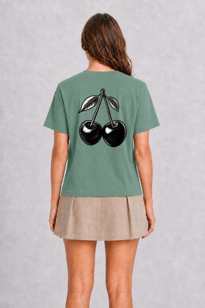 WAKHA Unisex Tattoo Style Cherry Print T-Shirt - Green