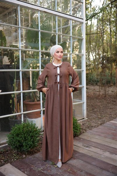 Sahra Vera Kahverengi Bel Büzgülü 3 Biyeli Tesettür Kimono 8024