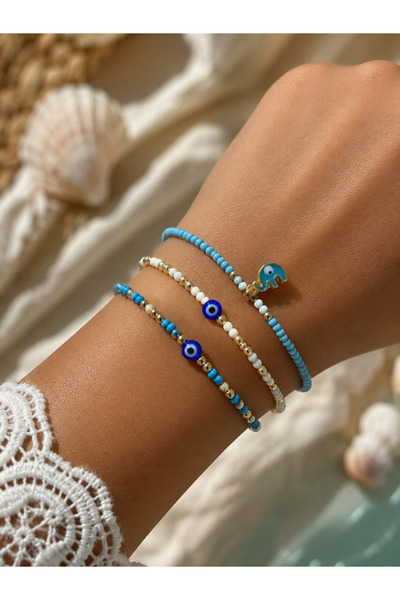 SEZİNİN TAKI DÜKKANI 🧿   Turquoise Bead Bracelet Set with Evil Eye Beads & E...