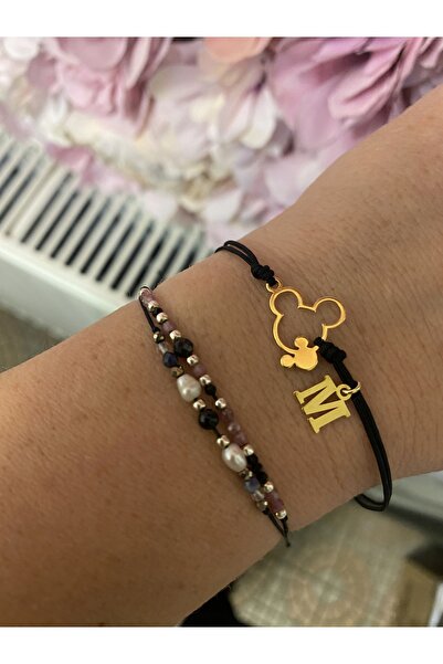 NO BRAND Brățară cu șnur auriu MICKEY MOUSE ORICE LITERĂ CULORI argint 925