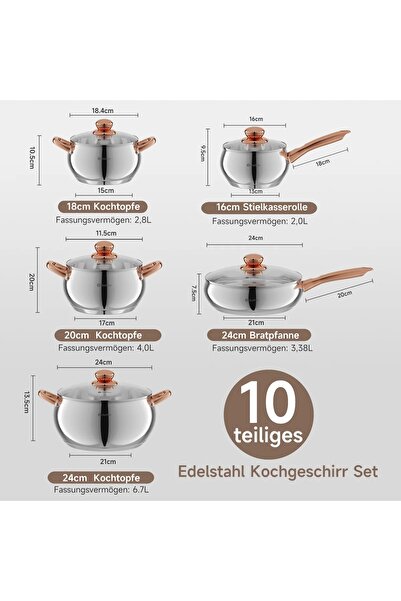 NO BRAND Set de vase de gătit Scheffler din oțel inoxidabil, 10 piese, cu capace