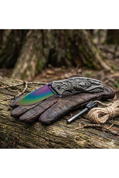 NO BRAND Cuțit pliabil WOLF unic cu lamă curcubeu EDC