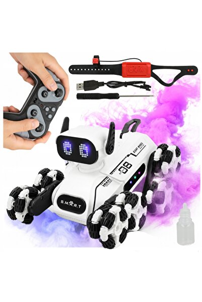 NO BRAND Câine robot telecomandat, 2 telecomenzi, efect de fum, LED-uri, 8 ro...