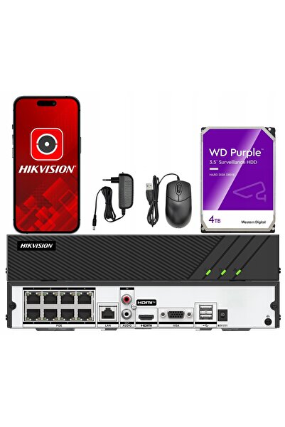 Hikvision Înregistrator IP 8 canale PoE, până la 8MPx + HDD 4TB WD Purple