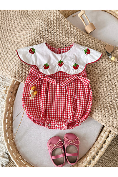 Generic Brand Baby Girl Romper Cotton Red Gingham Strawberry Embroidery, Ruff...