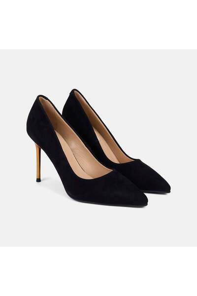 Desa Women's Black Pointed Toe Suede Stiletto with Gold Heel Detail