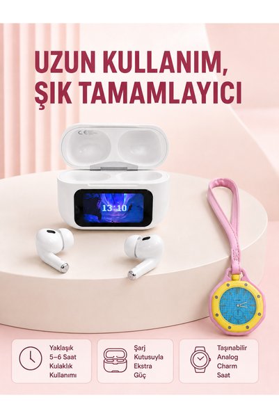 Toptan Bulurum Wireless Earbuds with Screen and Pink Bag Charm Watch Set