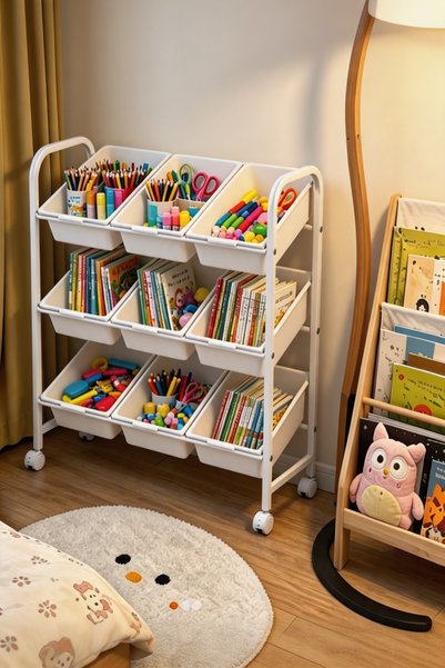 Shangxing Kids Toy Organizer Storage Rack, 3-Tier Rolling Cart with 9 Detachable Bins