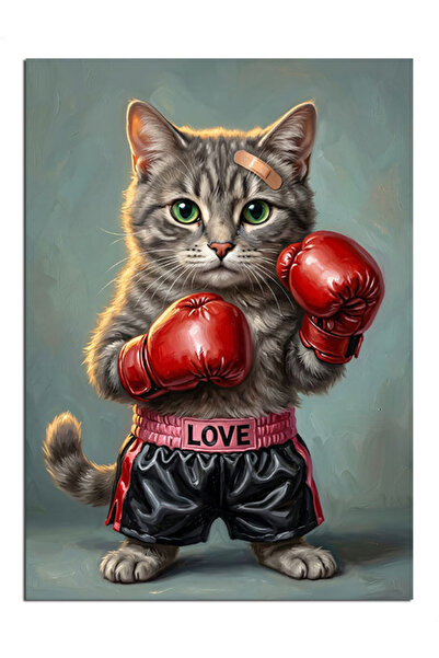 Artmeg Cat with Boxing Gloves Decorative Canvas - Mdf Wood Painting