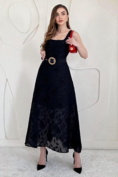 Generic Brand Rochie lungă jacquard cu detaliu curea neagră