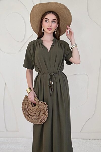 Elbee Fashion Woman Khaki Belt Detailed Casual Linen Dress