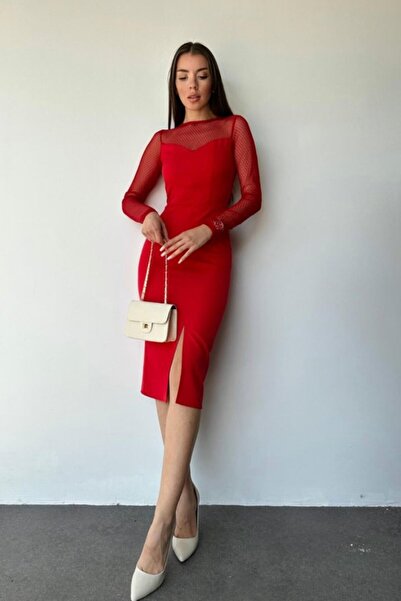 ELBEE Red Tulle Detailed Midi Dress