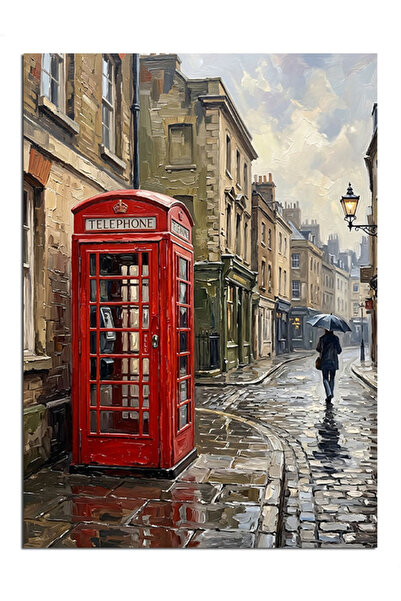 Artmeg Pânză decorativă cu cabina telefonică roșie din Londra ploioasă - Tabl...