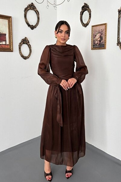 ELBEE Coffee gathered detailed cuffed belt dress