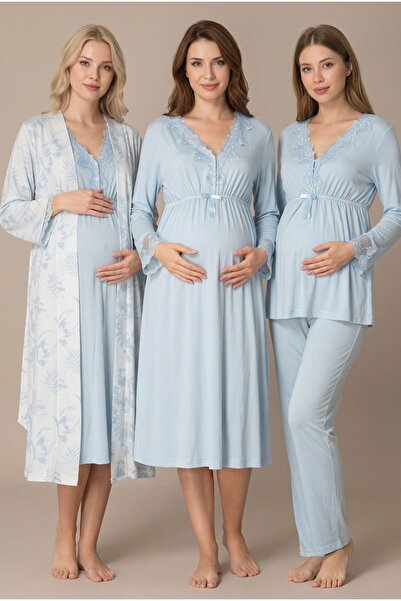 Pelin Women's Blue Patterned Lace Detailed Nursing Nightgown with Dressing Go...