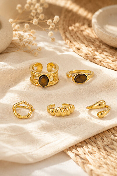 THE Steel Women's Gold 5-Piece Ring Set - Vintage Adjustable Ring