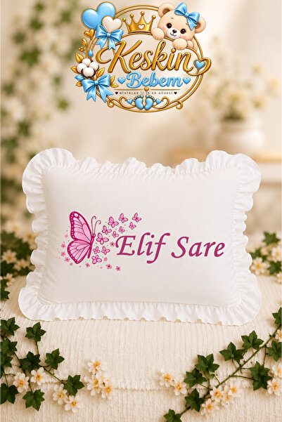 Kişiye Özel Bebek Yastığı Elif Sare İsimli Pembe Kelebek Desenli Dekoratif Bebek Yastığı