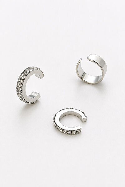 TREND COLLECTİON Kadın 3'lü Ear Cuff Küpe Seti Gümüş ve Taşlı Kıkırdak Küpe (sıkıştırmalı)