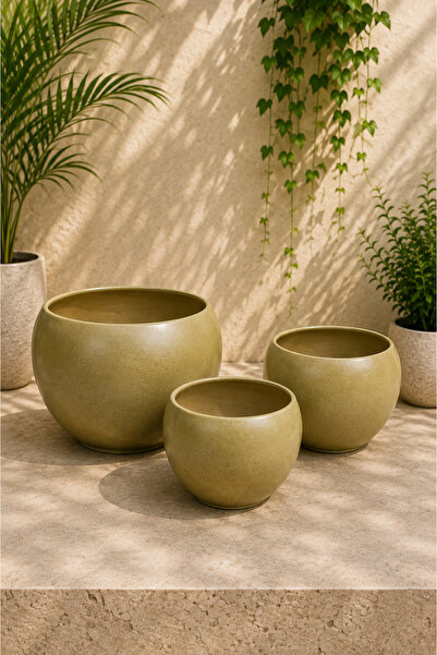 Generic Ceramic Sage Green Bowl Planter - set 3pcs