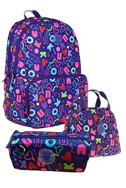 KAUKKO Navy Blue Heart and Text Patterned Girls' Triple School Bag Set - K1752