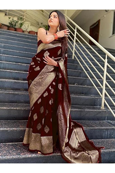 MYSMAR Maroon Banarasi Jacquard Silk Zari Saree - MAF3156 | Maroon-Size-0