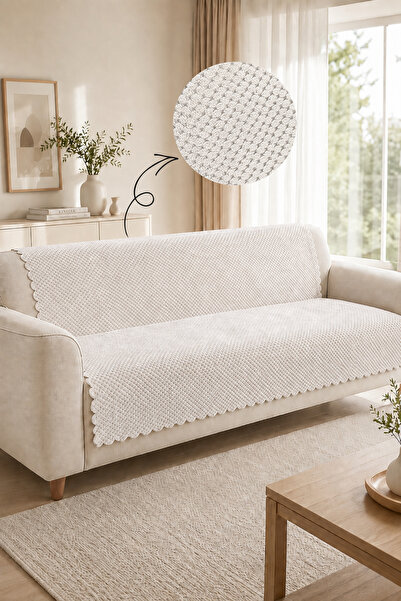 Sevim Non-Slip Base Plush Sofa Cover - Wellsoft Sofa Cover - 170X210 cm - Ecru
