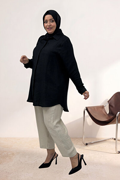 Eslina 68064 Plus Size Hidden Placket Double Tensel Shirt - Black