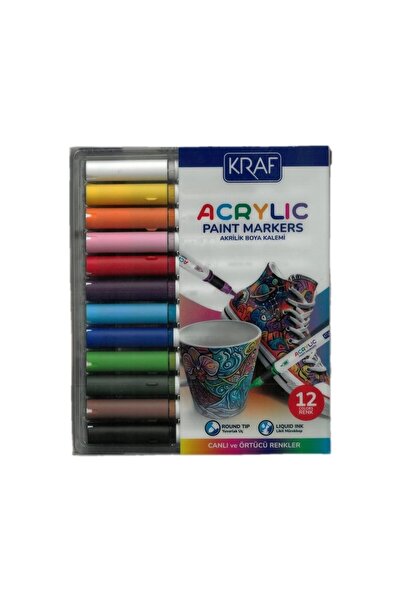 KRAF Akrilik Marker Yuvarlak Uç Boya Kalemi Seti 12 Renk