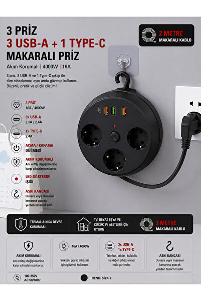 SMAYLİNG Akım Korumalı Makaralı Priz 3 Priz 3 USB-A 1 Type-C 2 Metre Kablo 4000W 16A Açma Kapama Düğmeli Siyah