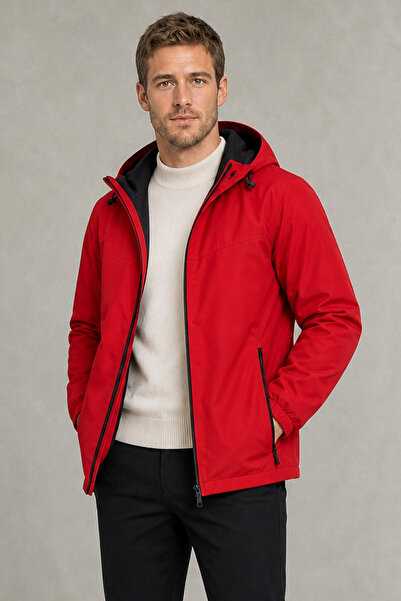 Montland Men's Red Removable Hooded Water and Wind Resistant Zippered Raincoa...