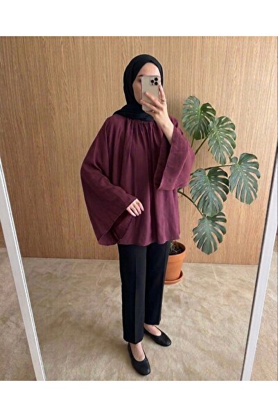 Bahar Altundemir Kadın Dik Yaka Yarasa Kol Oversize Modal Kumaş Tesettür Tunik