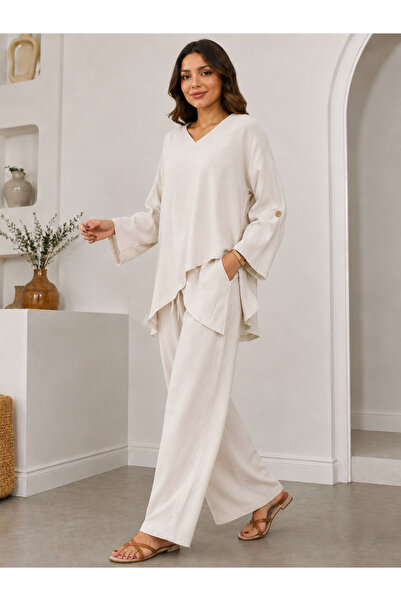 VıoShıne Women's Linen V-Neck Asymmetrical Cut Blouse and Wide-Leg Trousers T...