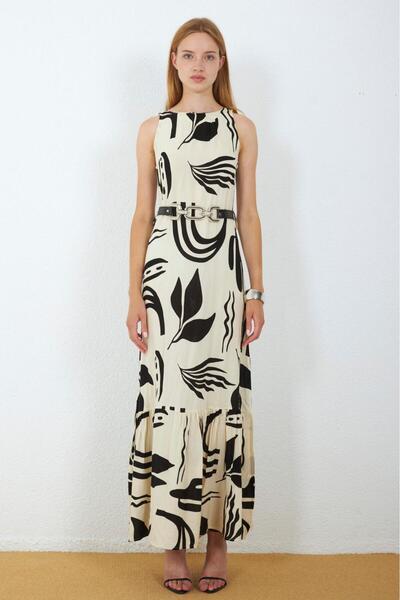 MY GRS Firça Desen Viscosa Fabric Zero Sleeve Dress