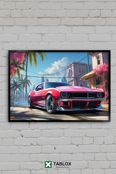 TABLOX Kas Araba Muscle Car Retro Miami Palm Pink Framed Decorative Mdf Painting